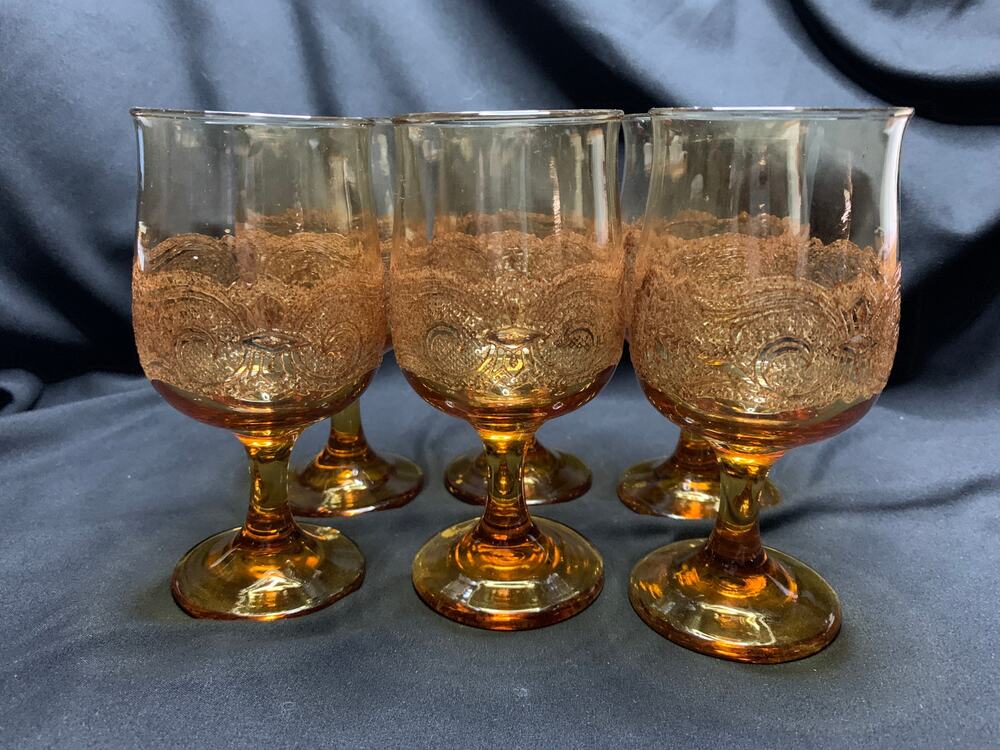 Vintage Libbey Americana Amber Wine Goblets Embossed Floral Set of 6